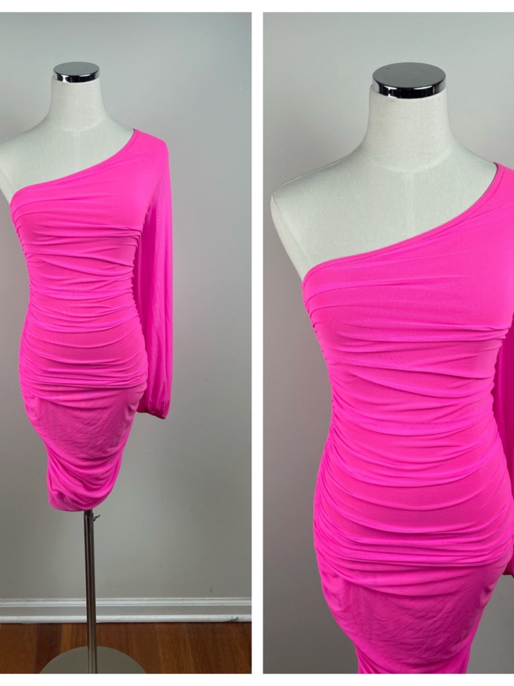 Anrabess Solid Hot Pink Cold Shoulder One Sleeve Long Sleeve Bodycon Dress Small